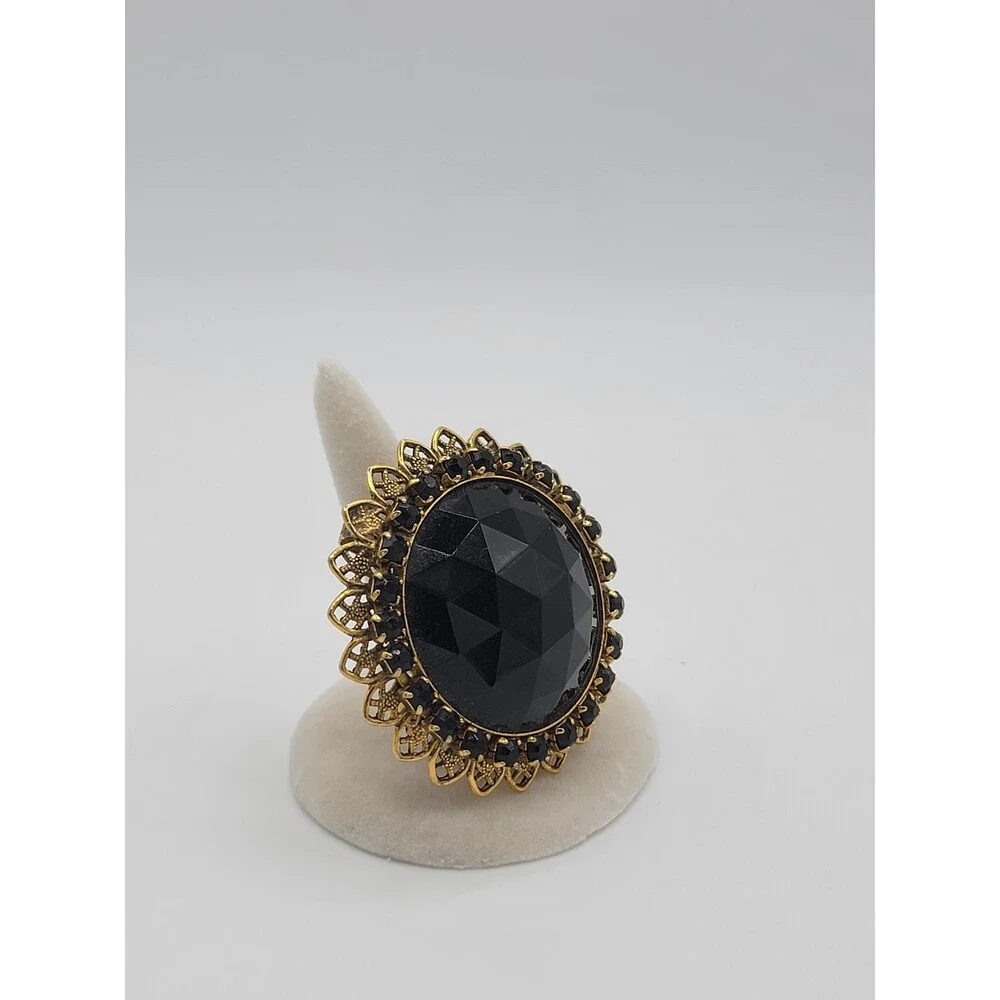 Vintage Black Faceted Glass Rhinestone Filigree Brooch Pendant